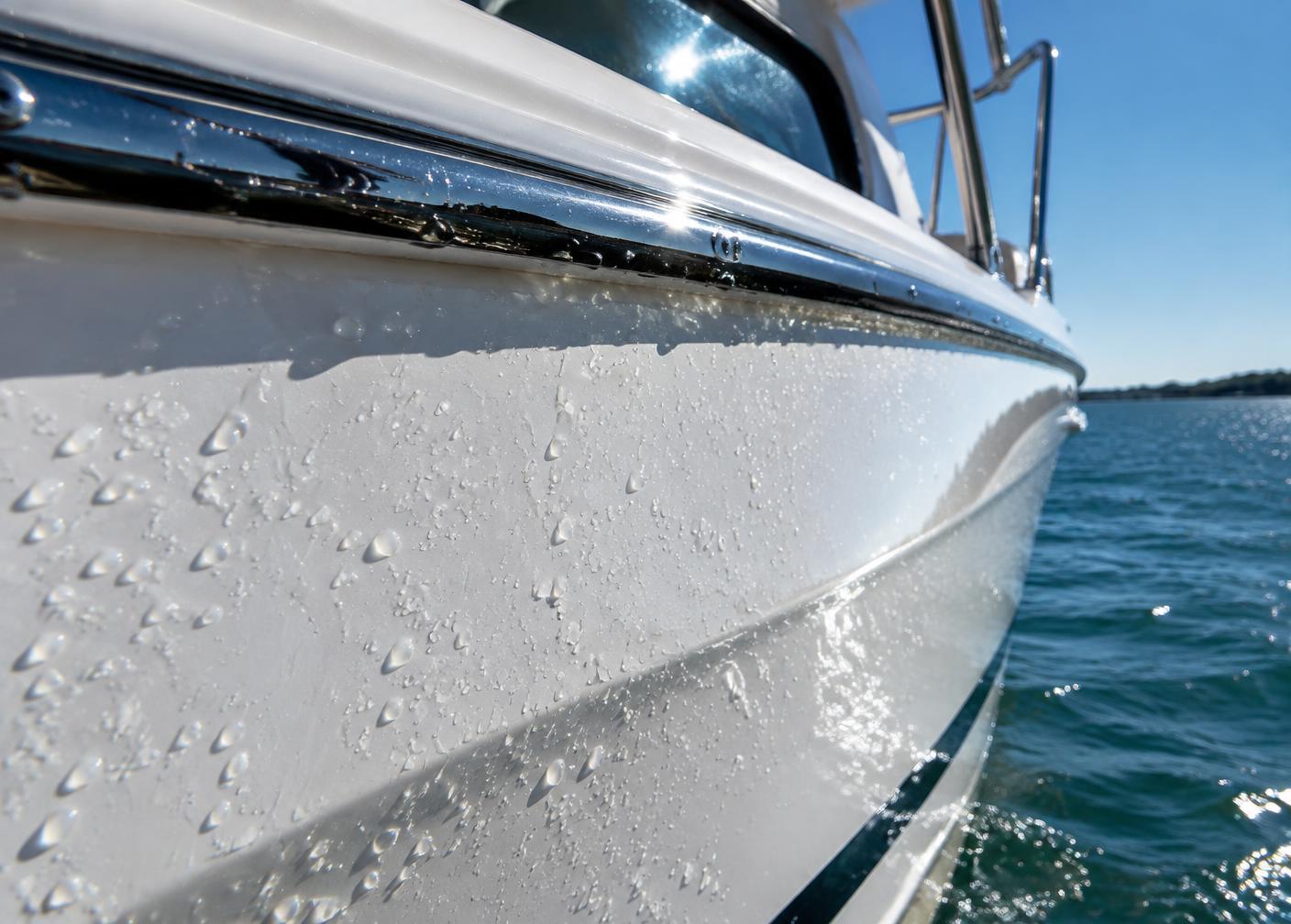 Water beading on a glossy white boat hull