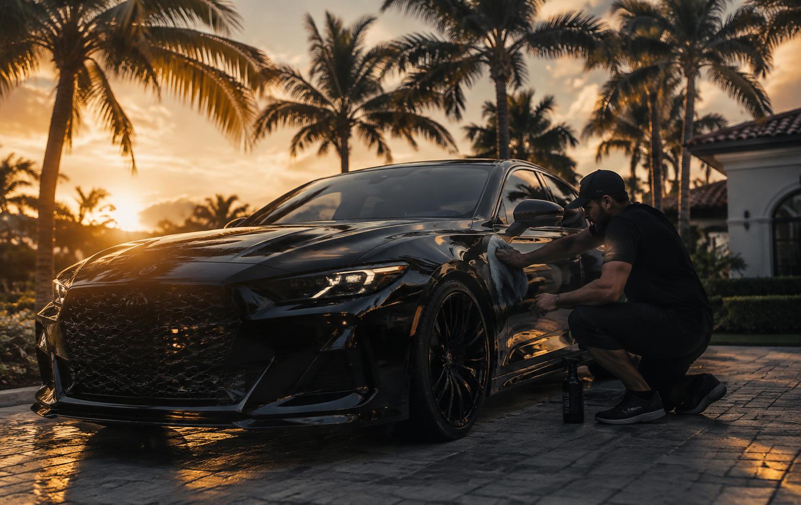 Detailer hand-drying a black sedan in a palm-lined driveway